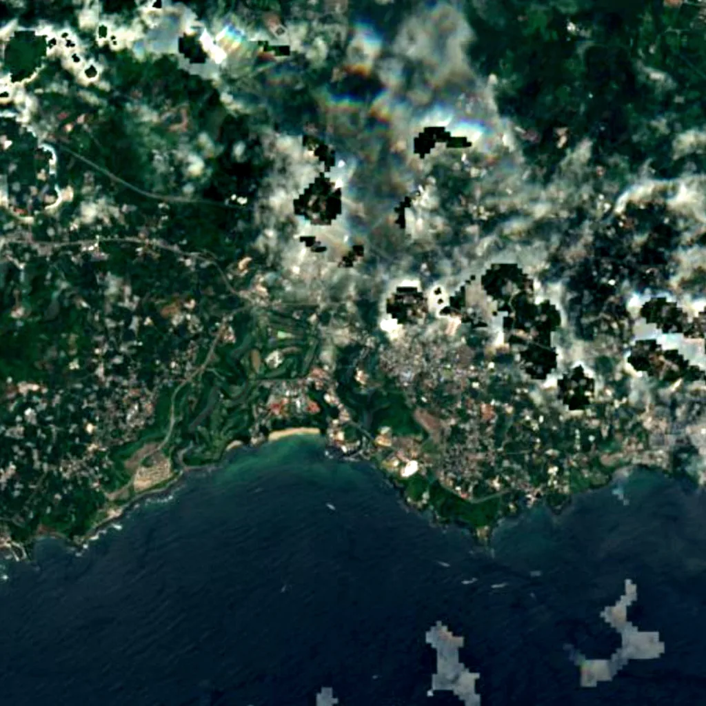 Cheonjeyeon Waterfalls seen from above (Sentinel-2)