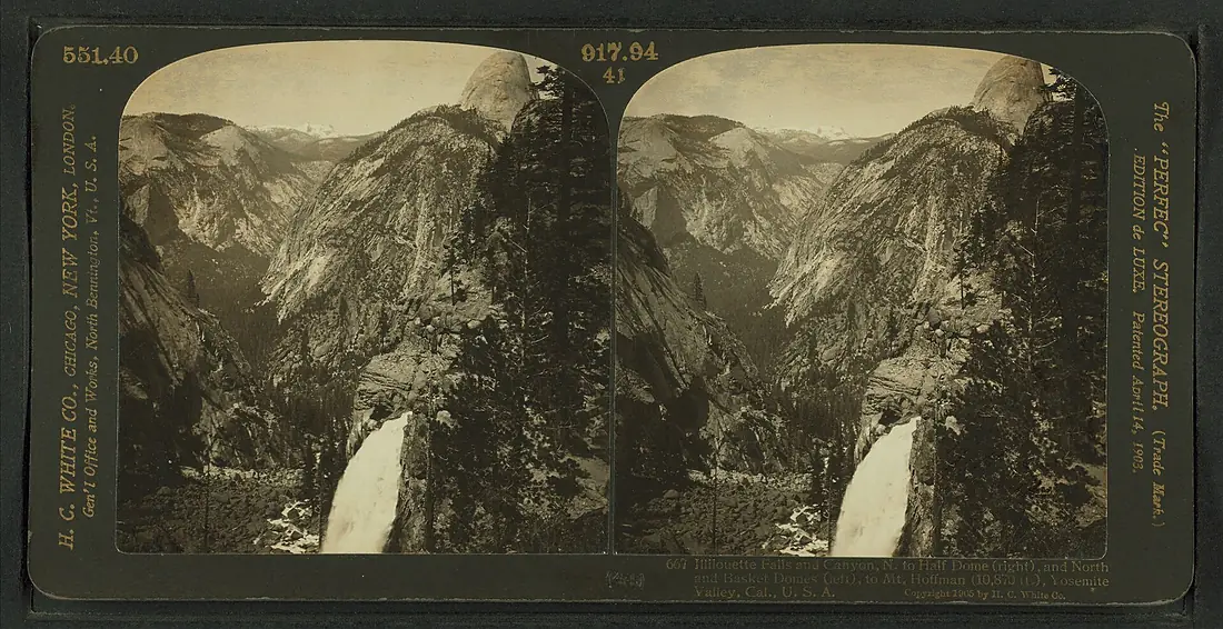 Illilouette Falls and Canyon, N. to Half Dome (right), and North and Basket Domes (left), to Mt. Hoffman (10,870 ft.)Yosemite Valley, Cal., U.S.A, by H.C. White Co.