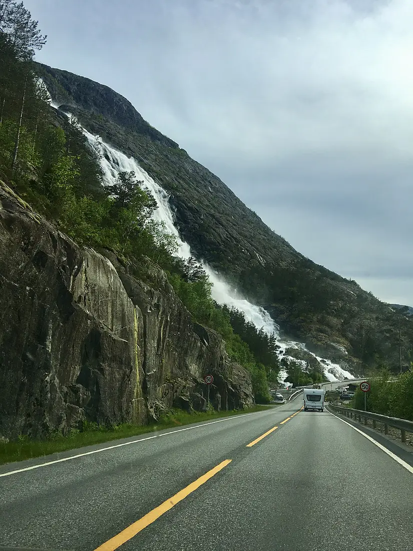Langfossen Waterfall (Vaulaelva River) Etne Municipality Vestland County, Norway 2020-06-01. European route Europaveg E134 campingvogn IMG 8401