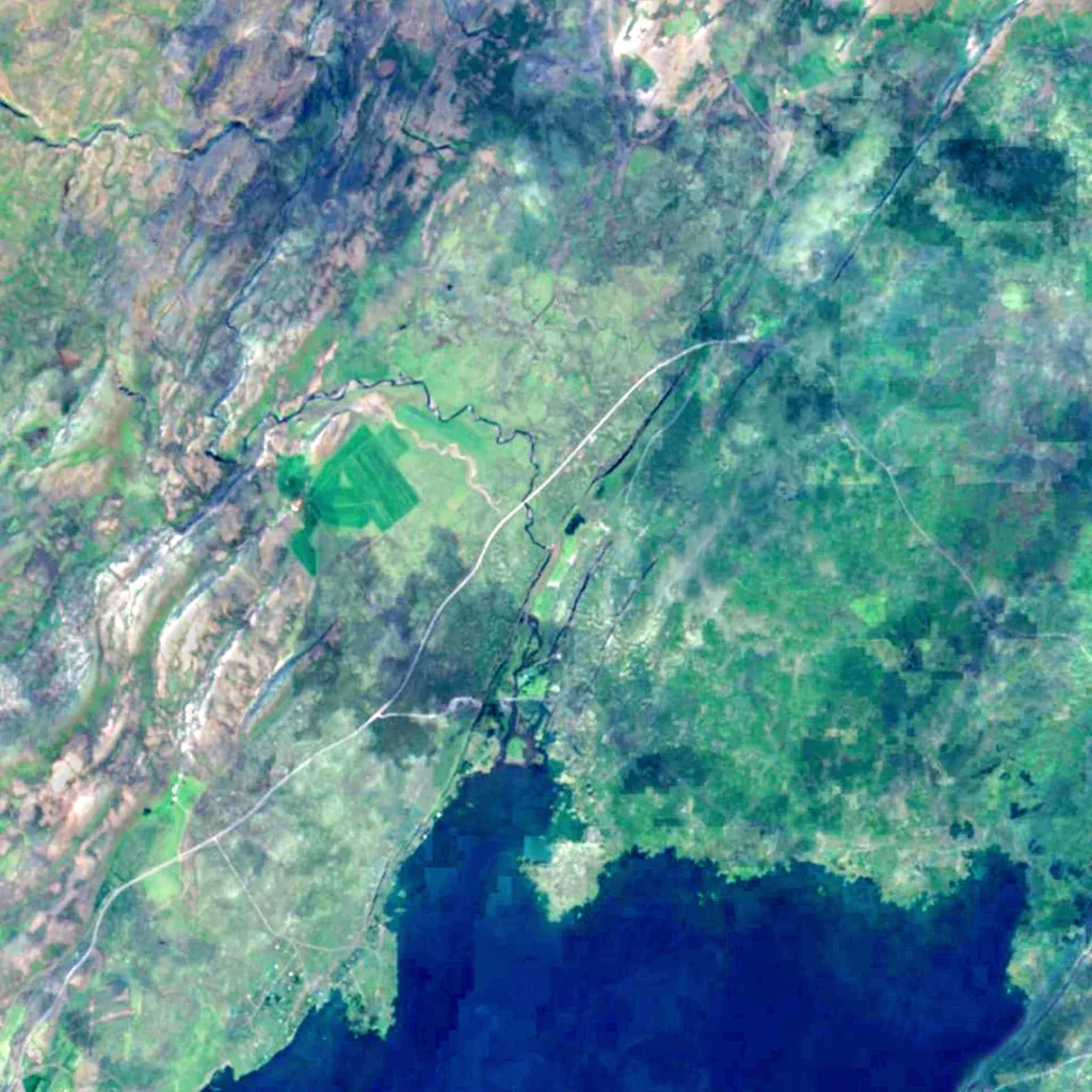 Öxarárfoss seen from above (Sentinel-2)