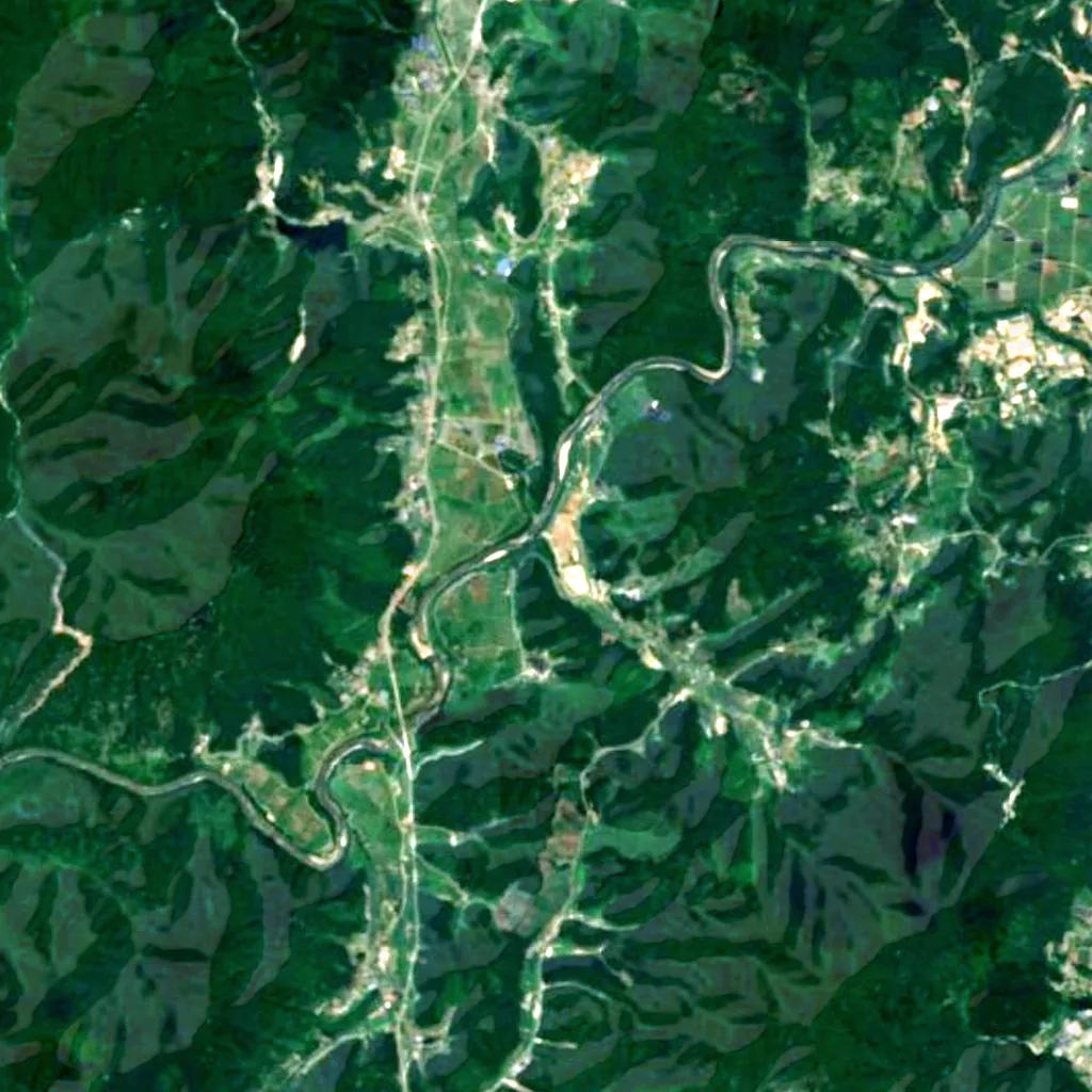 Pocheon Hantan River Basalt Gorge and Bidulginan Waterfall seen from above (Sentinel-2)