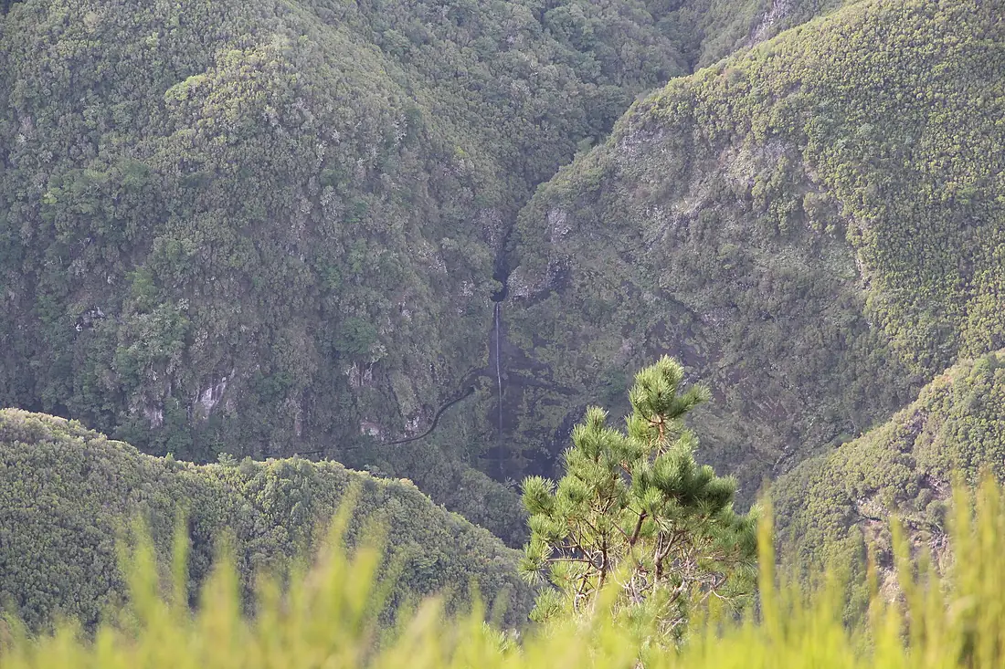 Blick von der Hochebene Paul da Serra hinunter zum Risco-Wasserfall, Madeira
