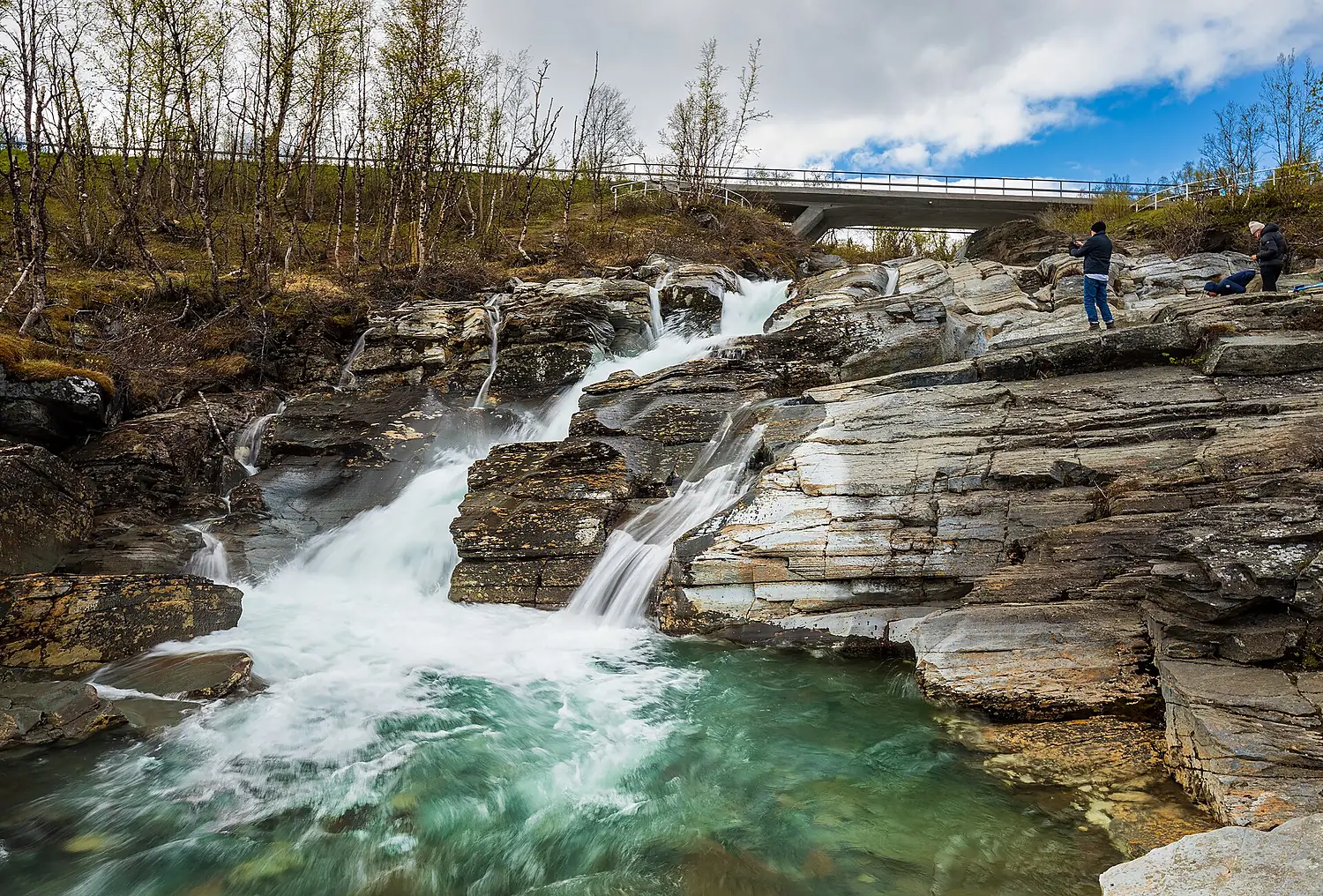 Part of Silverfallet waterfalls of Rákkasjohka river in Kiruna, Norrbottens län, Sweden, 2022 June