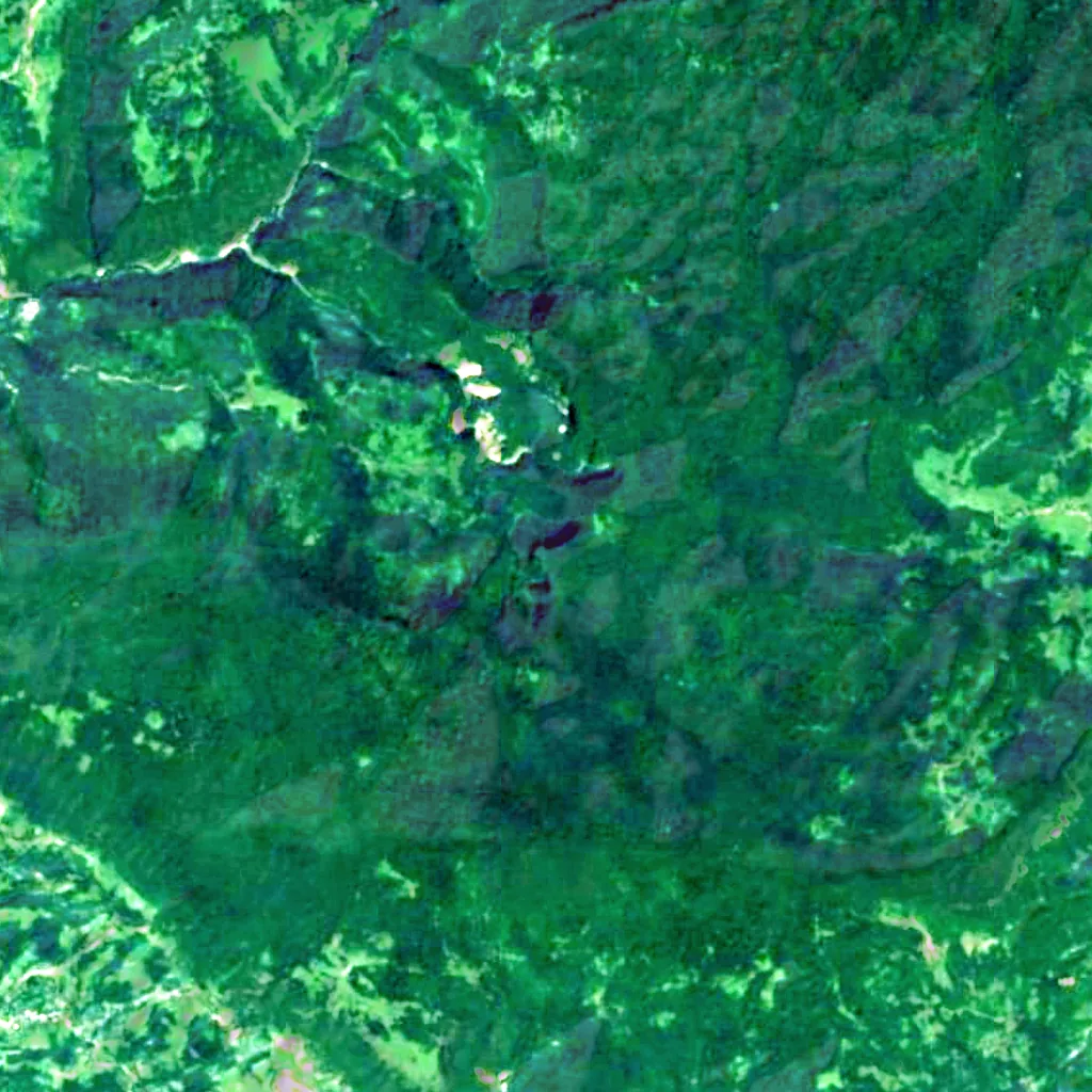 Toba Waterfall and Arsen Okrojanashvili Cave Natural Monument seen from above (Sentinel-2)